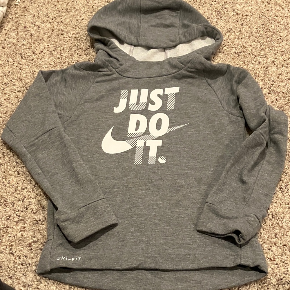Nike Dri-FIT Hoodie Youth Size 7 Gray Just Do It White Logo